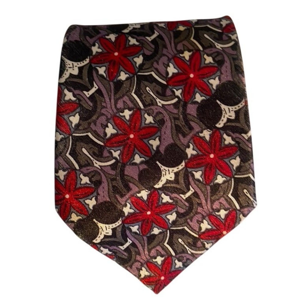 Gold City Handmade Silk Tie Red Grey Floral Geometric Abstract Pattern Necktie